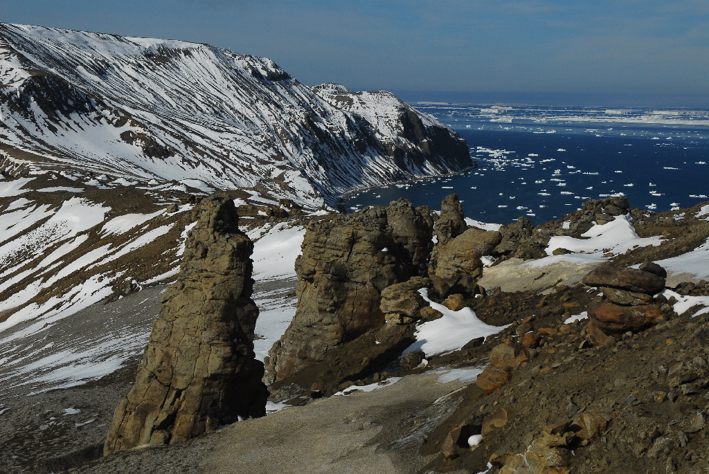 Rock pinnacles in the Sobral Formation, looking out into the Weddell Sea, Seymour Island